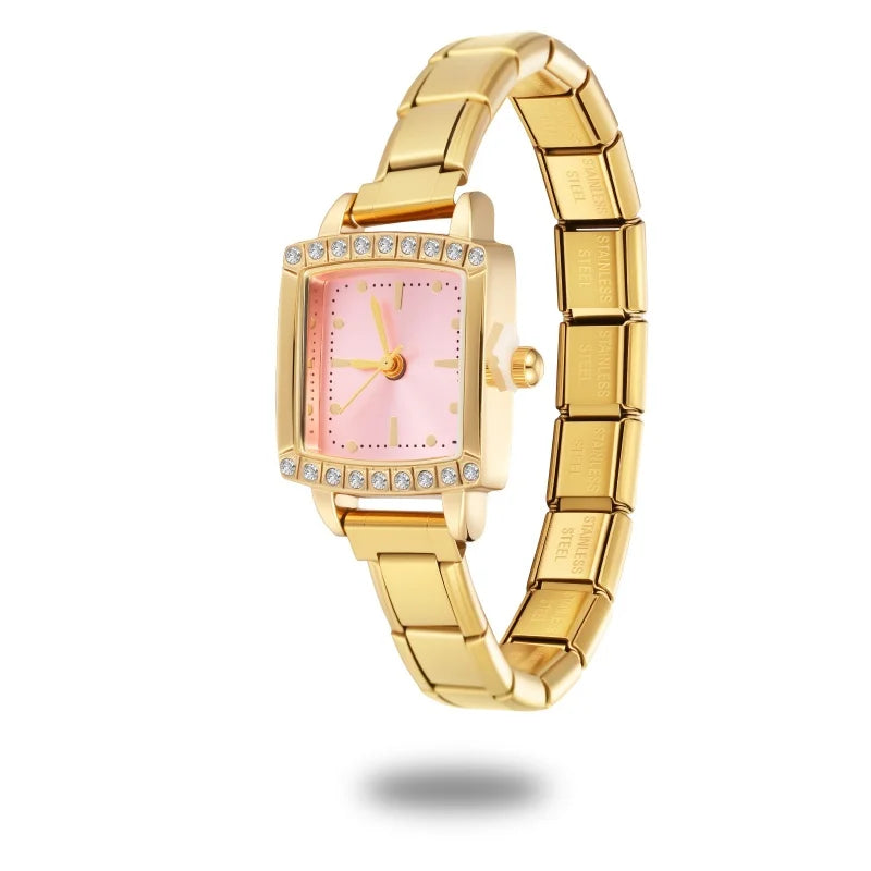 Fashion Women's Men's DIY 9mm Width Italian Elastic Charm Stainless Square Shiny Zircon Watch Bracelet Bangle For Birthday Gifts Qme Style 4