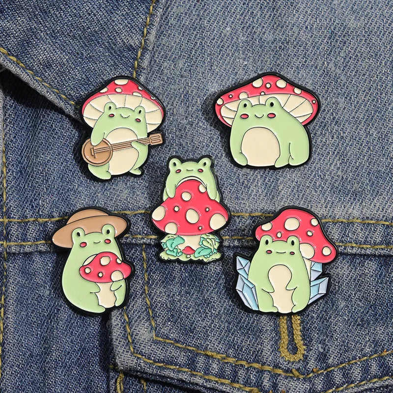 Cartoon Cute Frog Mushroom Series Brooch Enamel Pin Animal Plant Metal Badge Backpack Lapel Fashion Jewelry Gift Friend Kid Qme