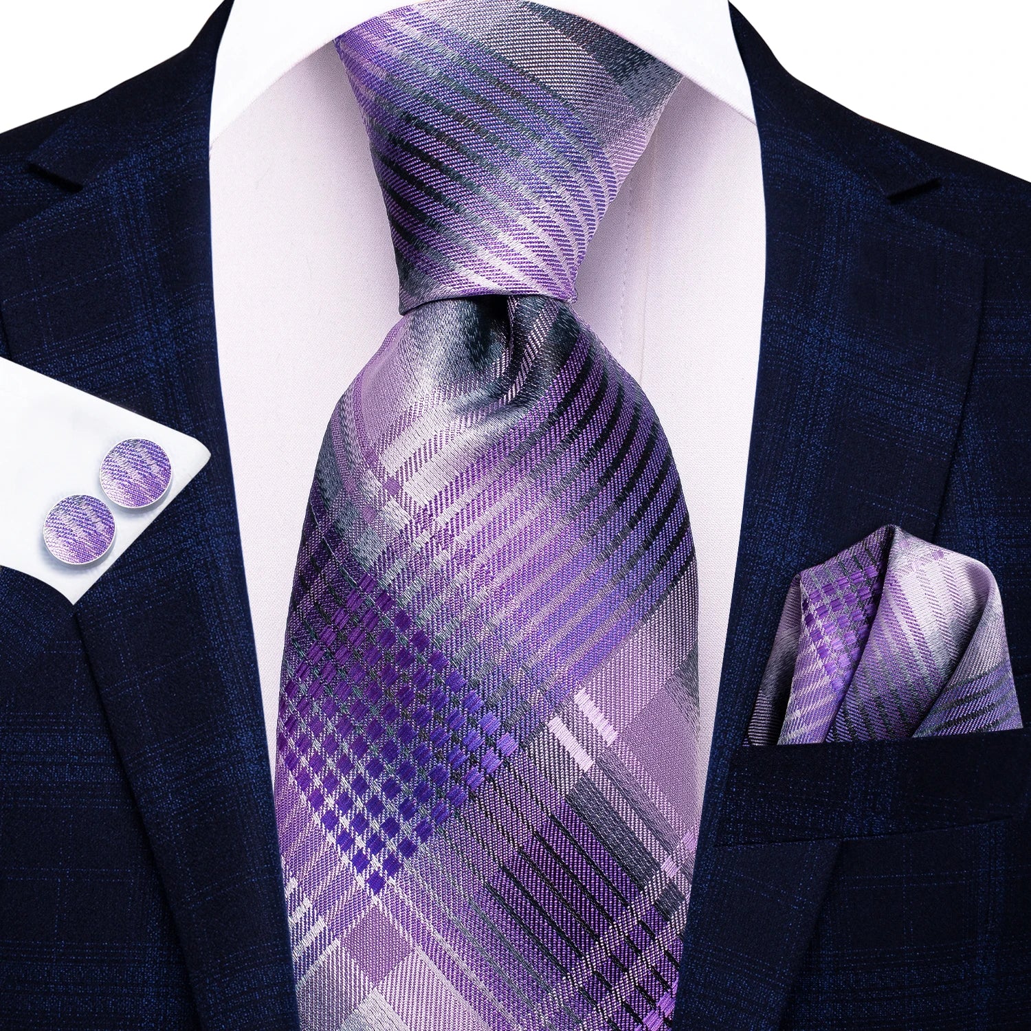 Hi-Tie Purple Floral Novelty Men Elegant Necktie Handkerchief Cufflinks for Tuxedo Fashion Classic Silk Luxury Tie for Man Qme N-3468