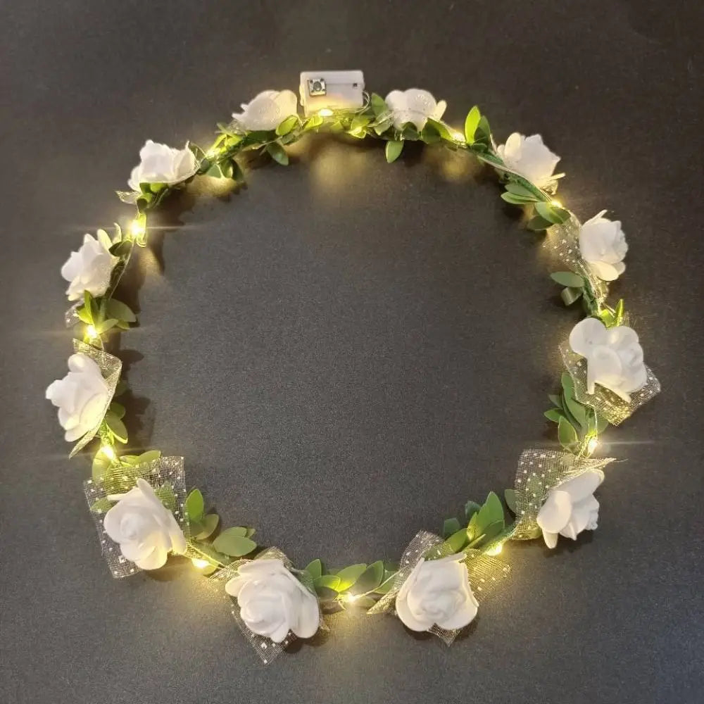 Simulation Rose Flower Wreath Headband Tiara LED Light Crowns Qme D