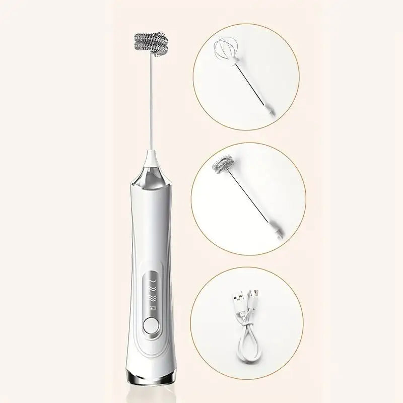 Electric Milk Frother Foamer + Egg Beater Wireless Type-C Charging 3 Speeds Mini Handheld Foam Maker Coffee Whisk Cooking Tools Qme white