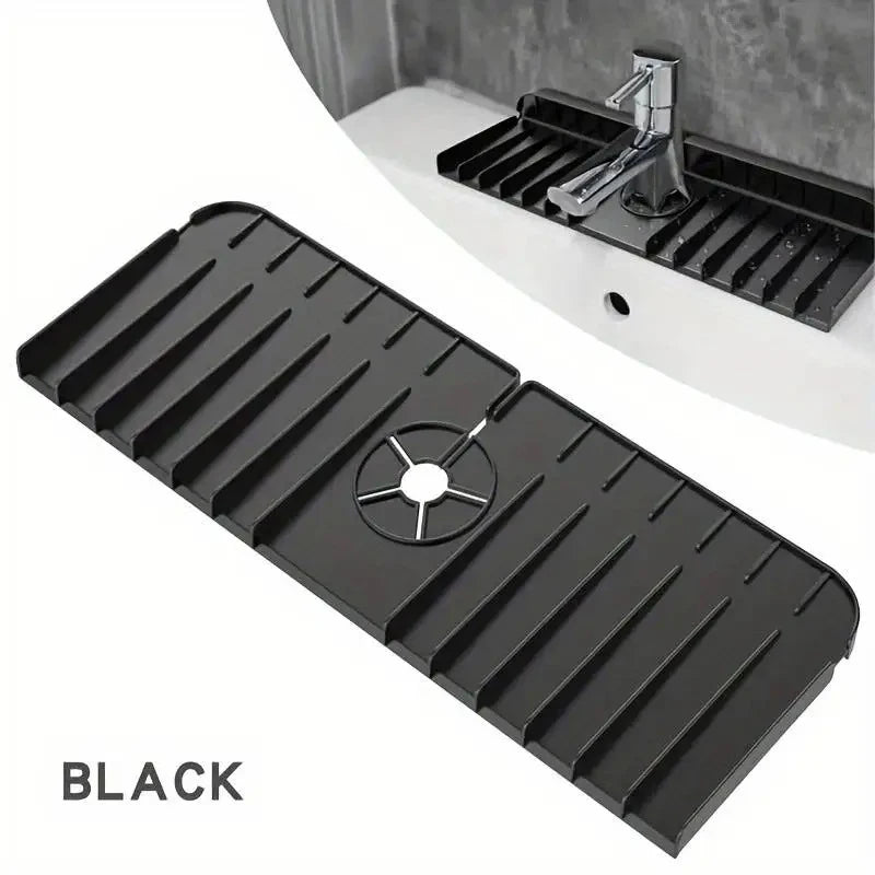 Silicone Faucet Mat Dish Soap Sponge Holder Sink Kitchen Countertop Drying Mat Bathroom Kitchen Sink Splash Guard Drain Pad Qme Black-1PCS