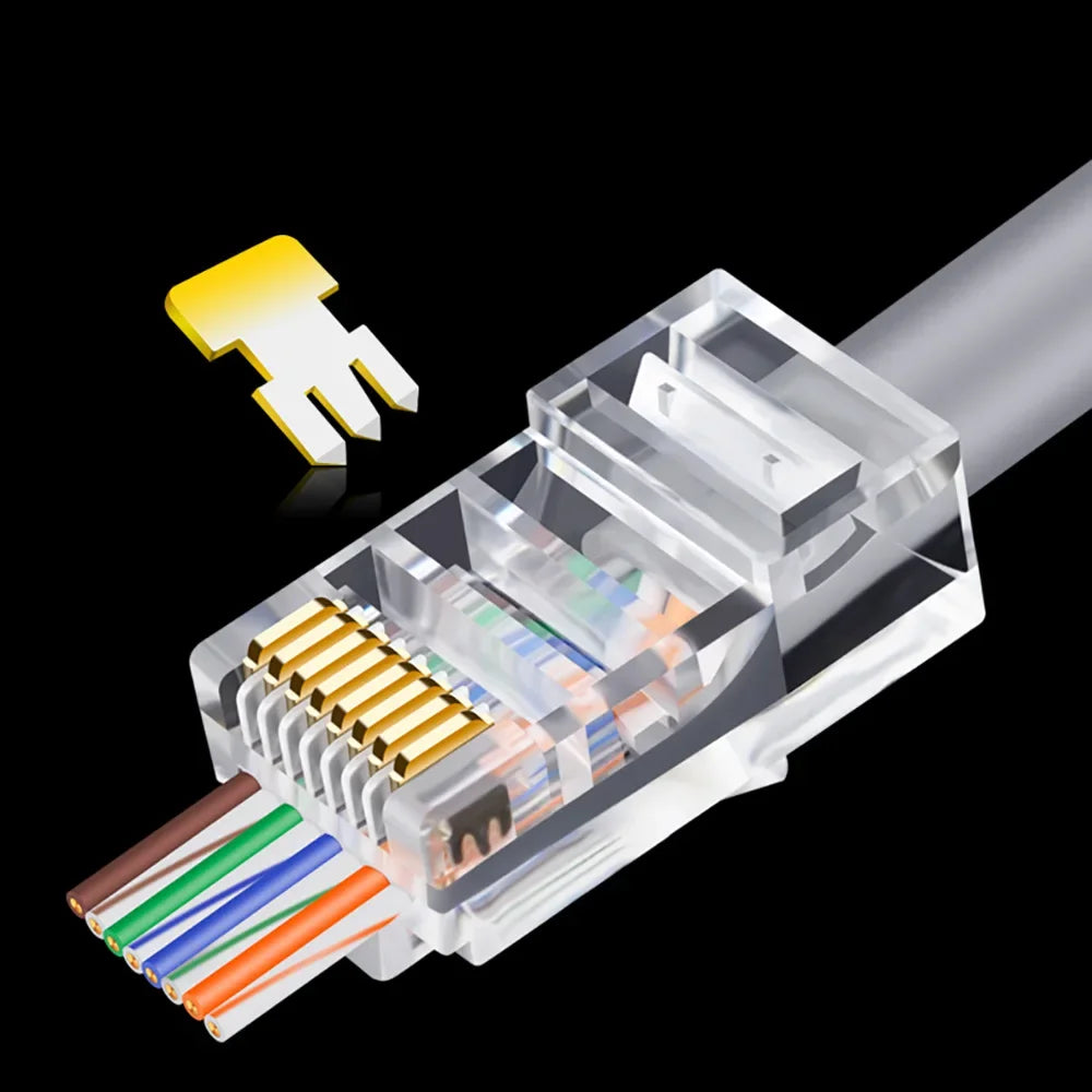 ESCAM 20/50/100pcs RJ45 Connector 6U Gold PlatedPass Through Ethernet Cables Module Plug Network RJ-45 Crystal Heads Cat5 Cat5e Qme 100 PCS
