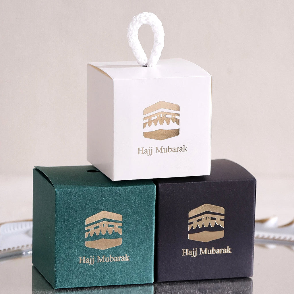 5-Pack Hajj Mubarak Sweets Gift Boxes - Elegant Small Gift Box with Gold Foil“Hajj Mubarak” - Black Paper Gift Box with Gold an Qme