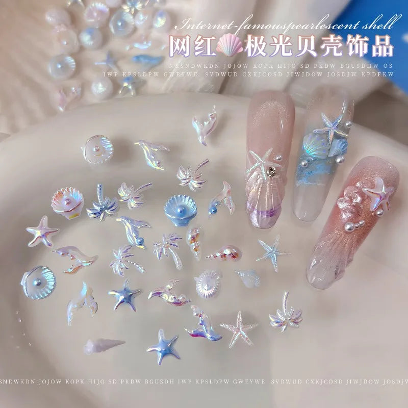 Mixed Aurora Shell Nail Charms Ocean Series Starfish Conch Coconut Tree Resin Nail Art Decorations DIY Manicure Accessories Qme