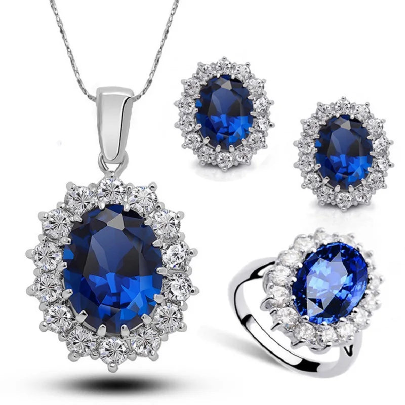 Authentic 925 Sterling Silver Plated Women Wedding Engagement Jewelry Sets Princess Oval Zircon Crystal Necklace Earrings Ring Qme Dark Blue