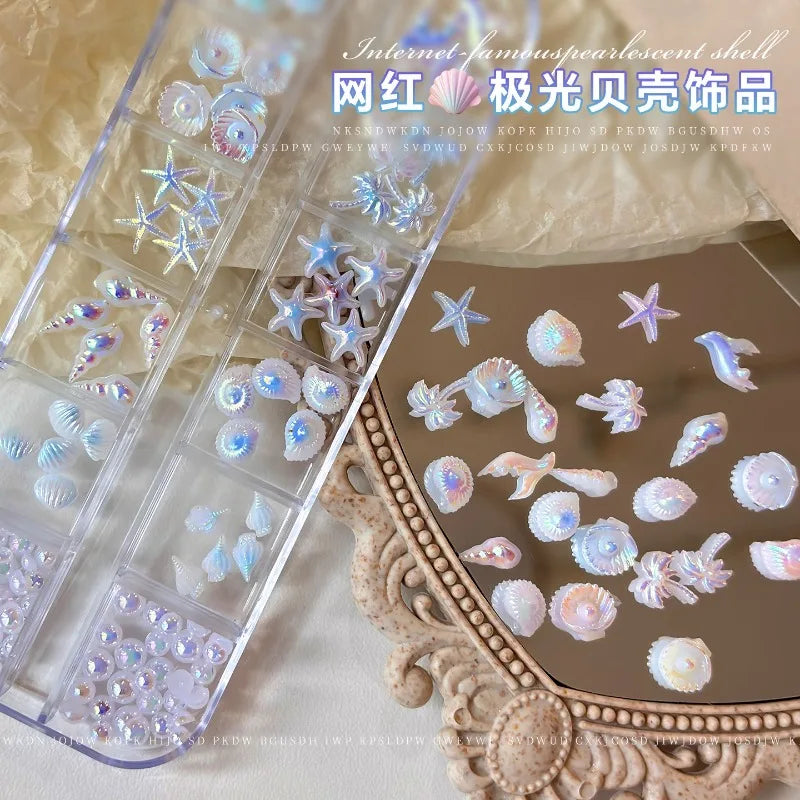 Mixed Aurora Shell Nail Charms Ocean Series Starfish Conch Coconut Tree Resin Nail Art Decorations DIY Manicure Accessories Qme