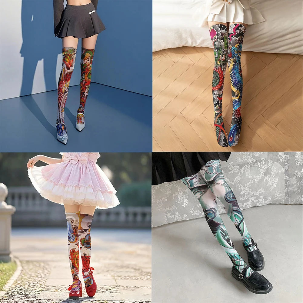 Women's Sexy Thigh-high Stockings Trend Tattoo Full Print Pattern 3D Qme