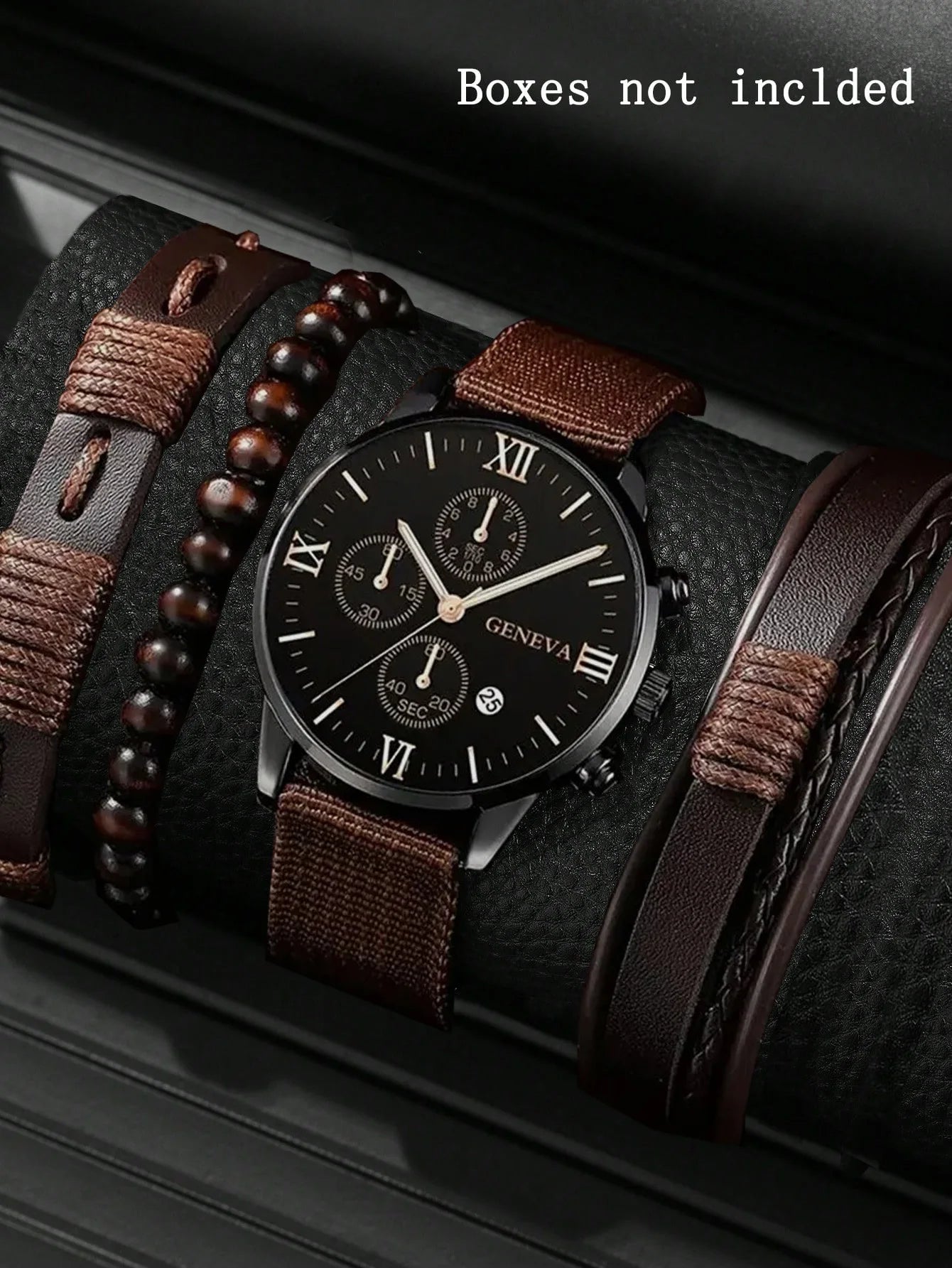 4pc Men Business Fashion Casual Round Pointer Calendar Quartz Watches 3pc Bracelet Qme