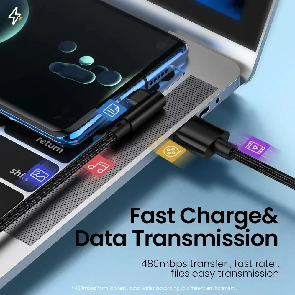 90 Degree Elbow Type C Fast Charging USB Cable For Xiaomi Redmi POCO Huawei Honor OPPO Realme Vivo OnePlus Nylon Braided Cables Qme