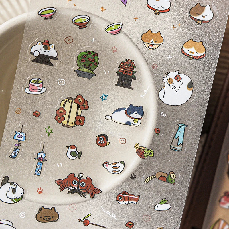 8Sheets Adorable Pets and Food Theme PET Stickers Precision Cut for Scrapbooking Journaling Decorate Phone Case Laptop DIY Qme