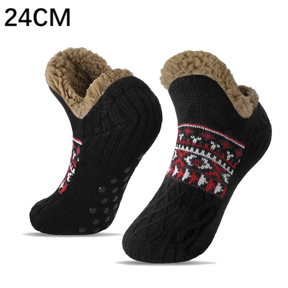 Thickened Floor Socks Women Men Home Slippers Socks Non Slip Knitted Carpet Sock Winter Thermal Sleeping Socks Christmas Gifts Qme Black 24CM One Size