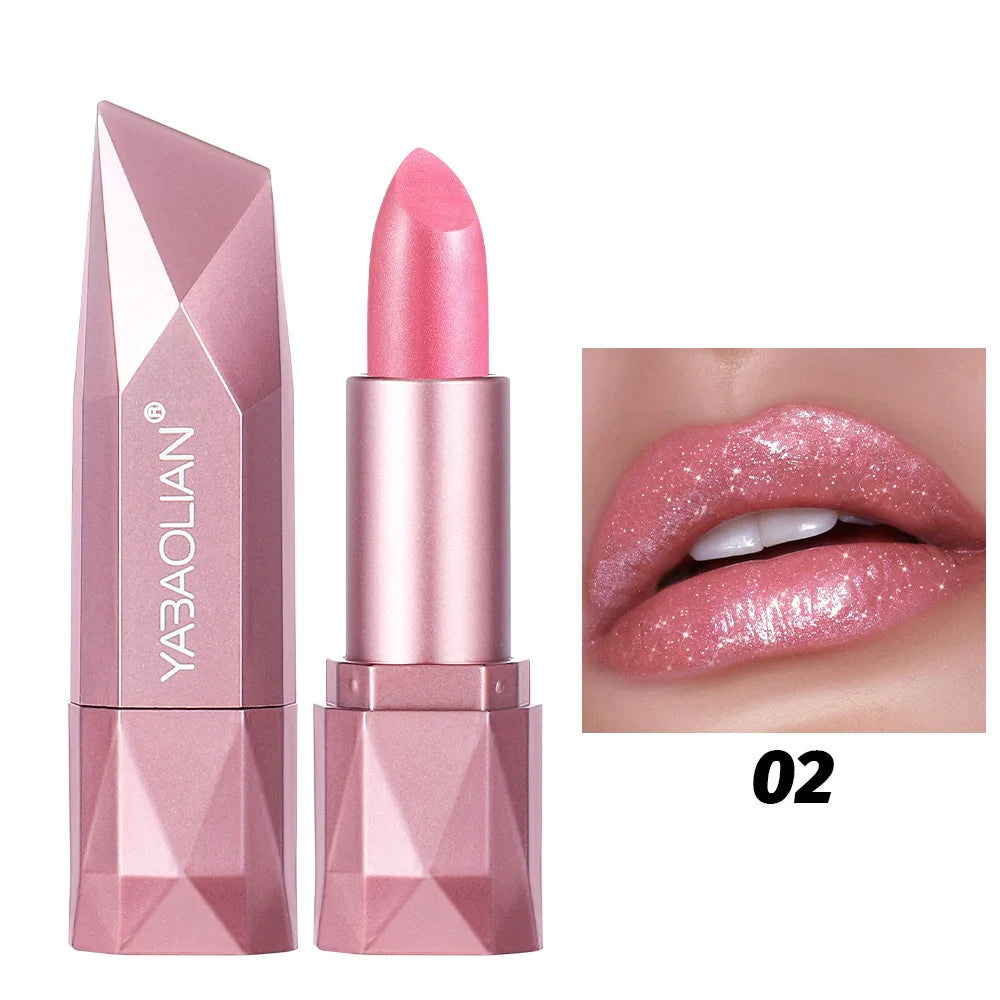 Diamond Shine Lipstick, Pearlescent Golden Lipstick with Fine Glitter, High Gloss Hydrating Long Lasting & Non-Drying Lip Makeup Qme 02