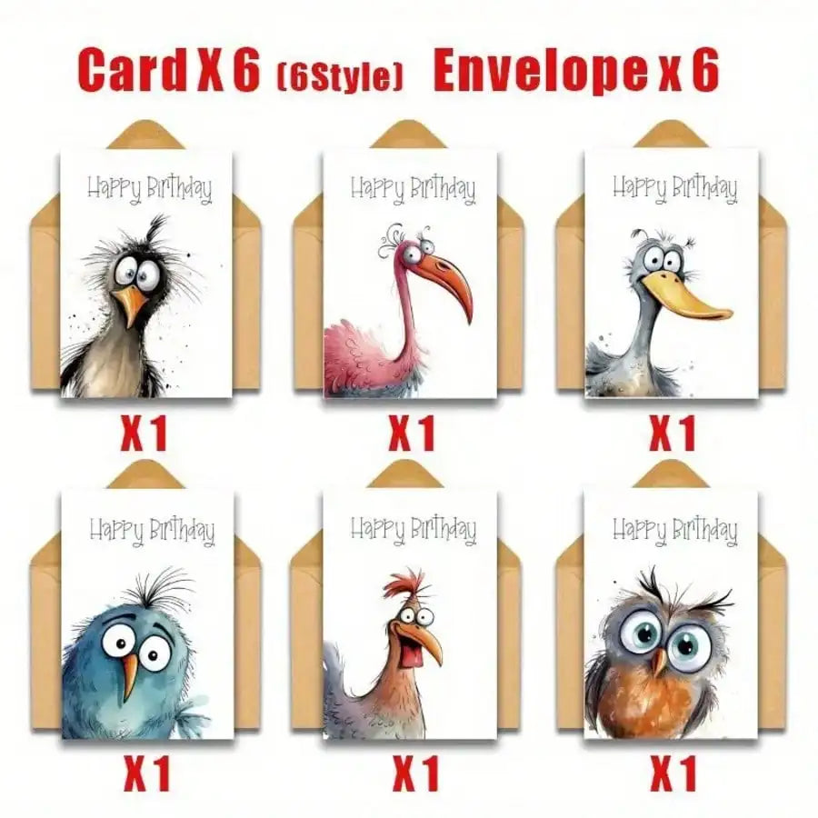 Funny Watercolor Bird Expression Handwritten Greeting Cards 6 Qme 6-piece set