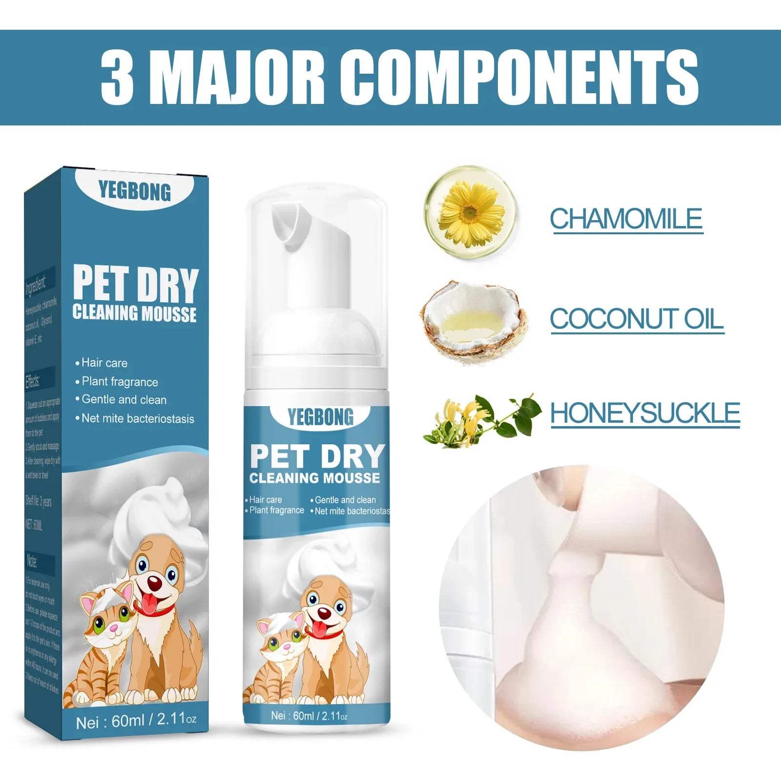 Pet Dry Shampoo Puppy Kitten Dry Cleaning Foam Shampoo Safe Bathless Cleaning Odor Eliminator Itch Relief Pet Grooming Supplies Qme