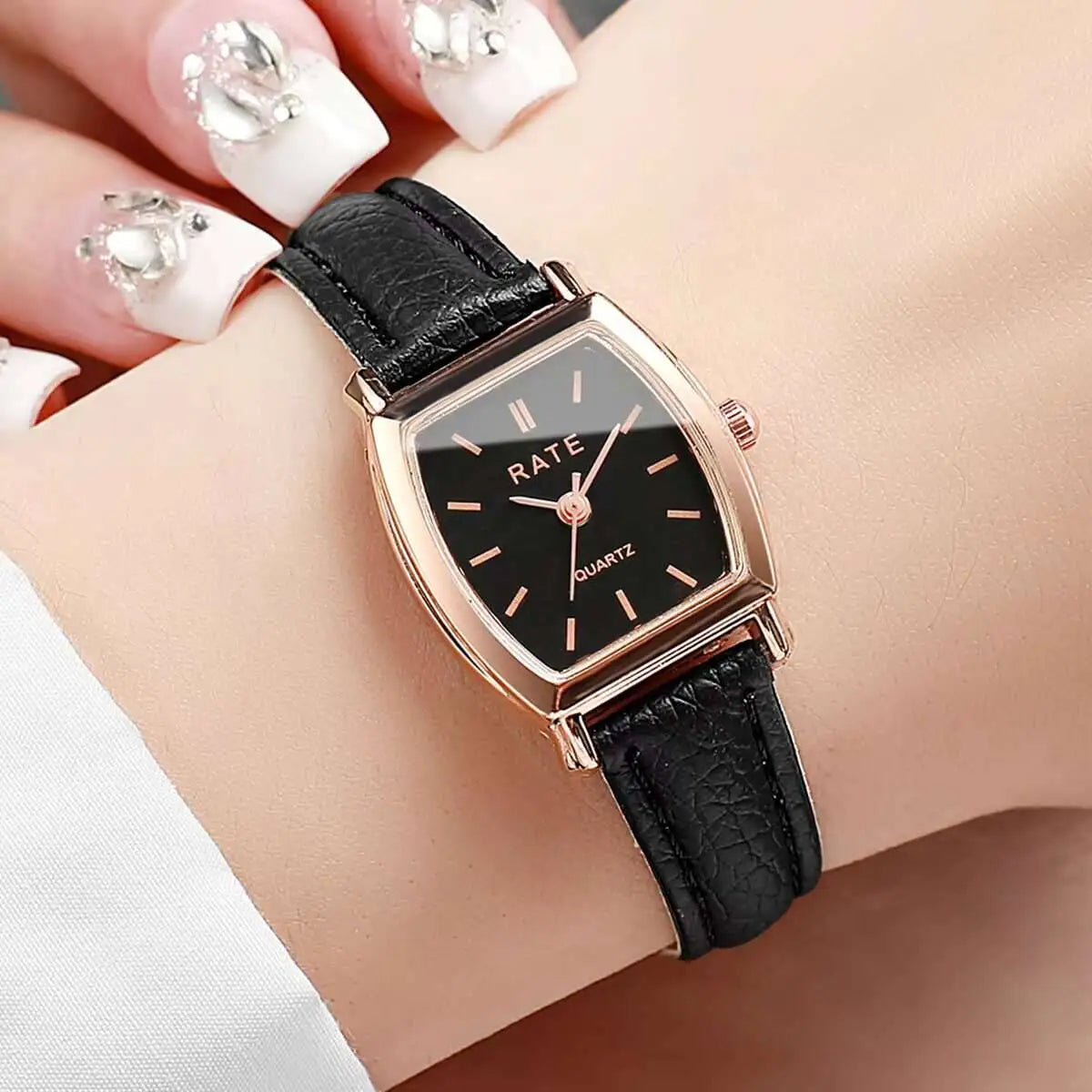 3 pçs/set moda feminina pulseira de couro relógios pequeno mostrador relógio de quartzo reloj mujer (sem caixa) Qme black