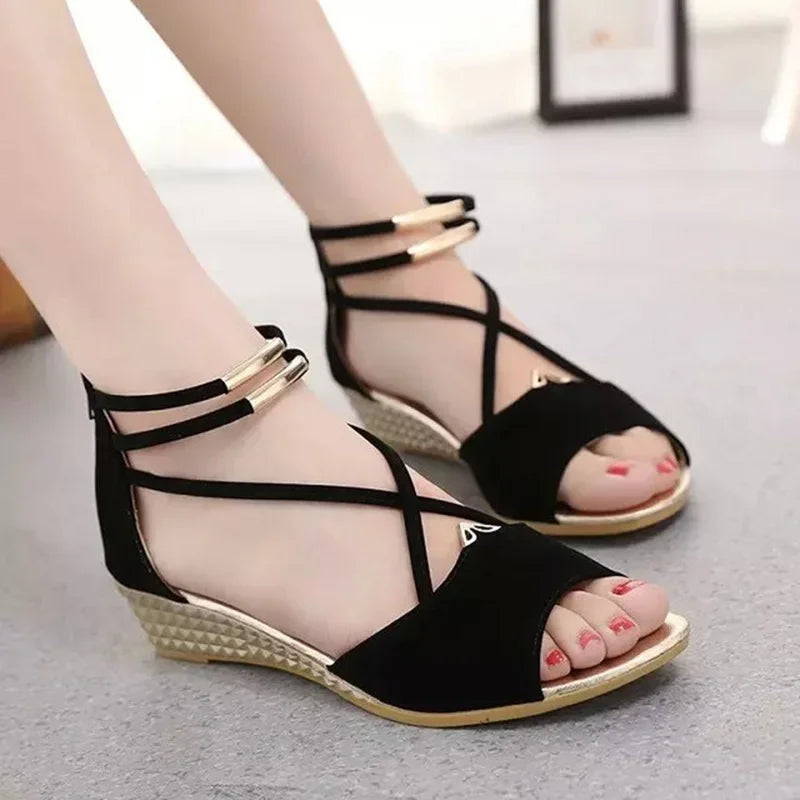 Women Wedge Sandals Summer New Luxury Red Beige Open Toe Casual Shoes Rhinestone Comfortable Platform Sandalias Roman Style Qme