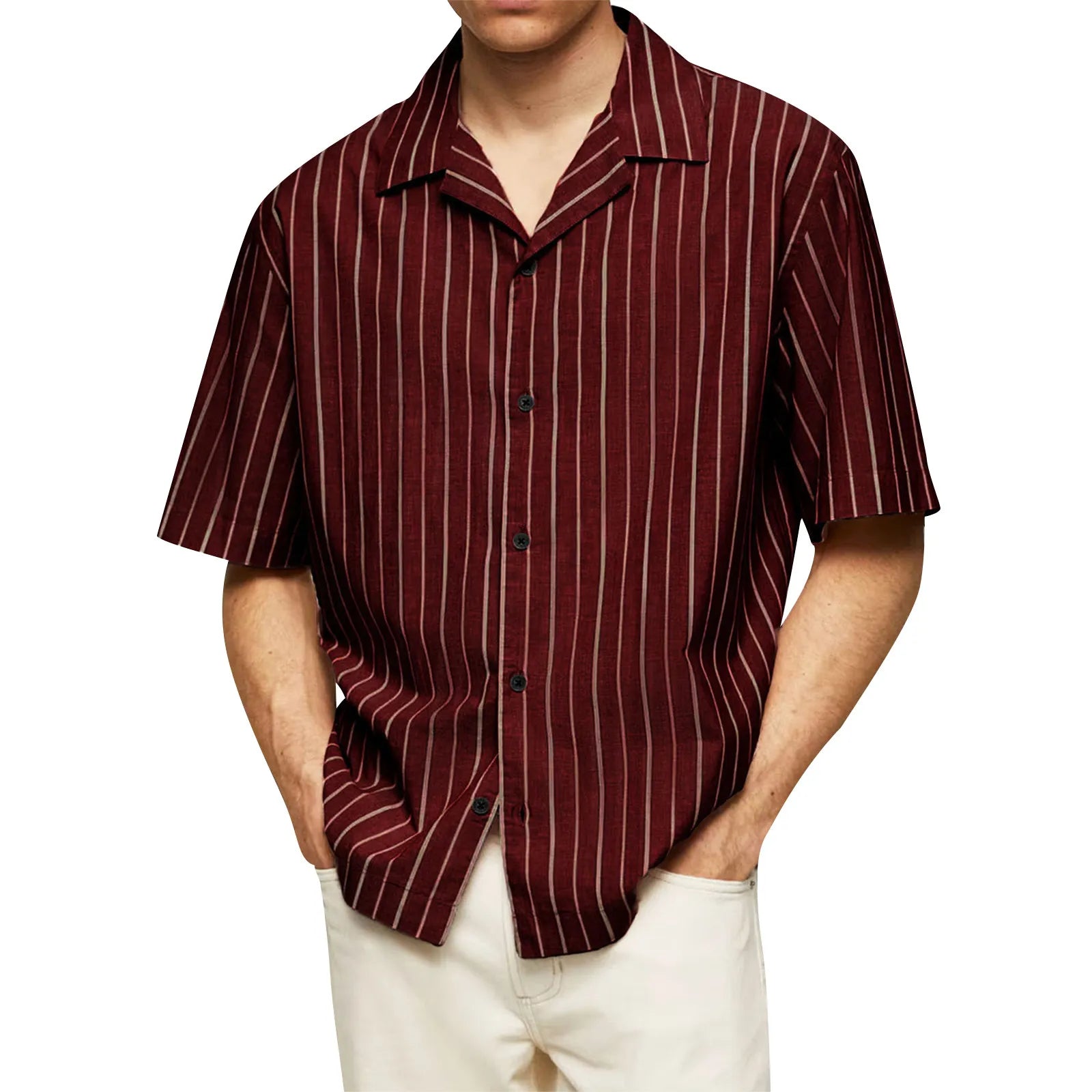 Male Fashionable Stripped Patchwork Retro Business And Daily Half Sleeved Summer Cardigan With Buttons Basics And Versatile Qme Red XL