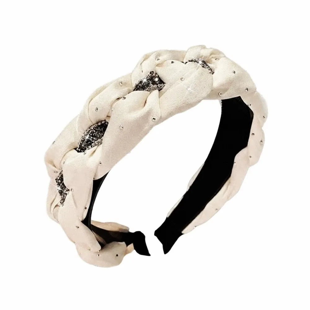 Wide Brim Rhinestone Headband Soft Fabric Twisted Knotted High Cranial Hair Hoop Elegant Non-Slip Braided Hairband Women Qme Beige