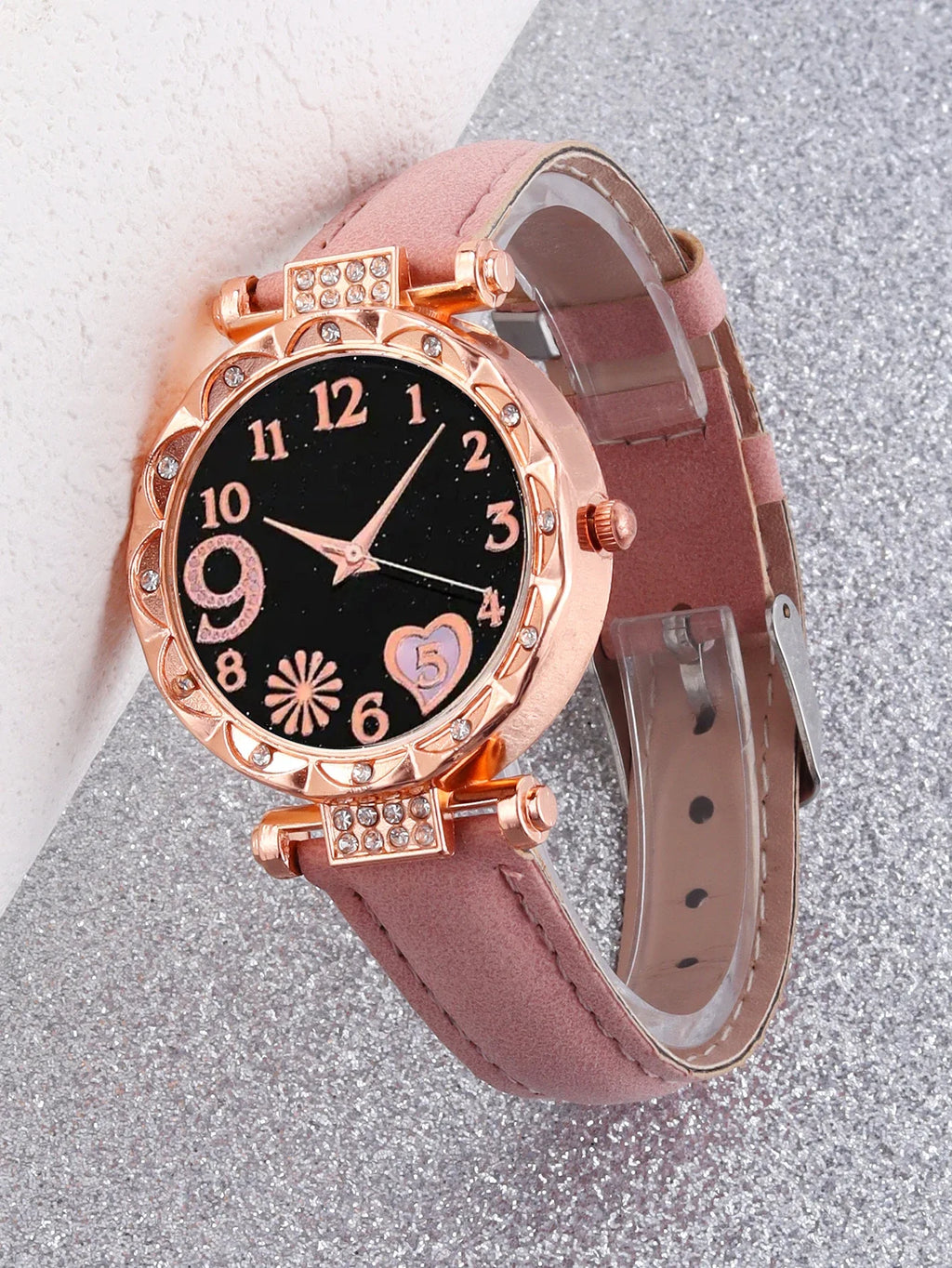 6PCS Women's Fashion Quartz Watch Luxury Pink Leather Band Analog WristWatch Ladies Watch Women Dress Bracelet Set Clock Qme