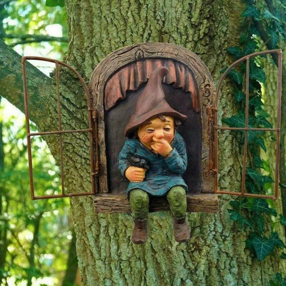 Creative Garden Statue Elf Go Out Tree Hug Suitable Home Courtyard Qme