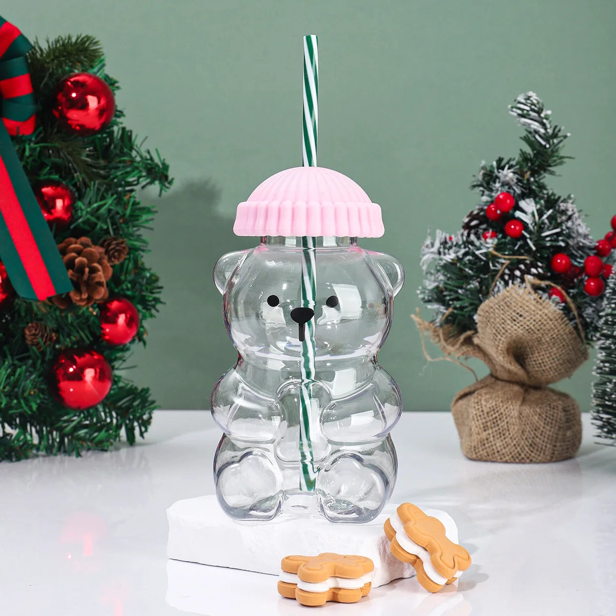 Cute Little Bear Plastic Cup Lid Straw Teddy Cold Drink Suitable Qme Pink