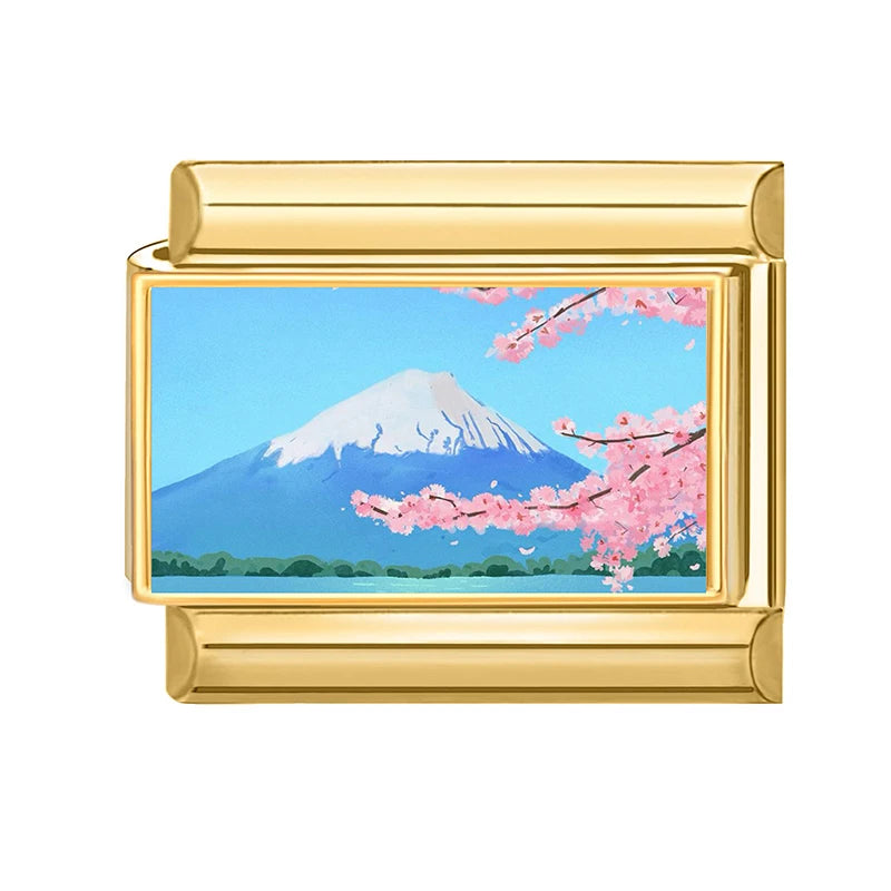 Fashion 2026 Pretty Sakura Mount Fuji Snow Mountain Charm Italian