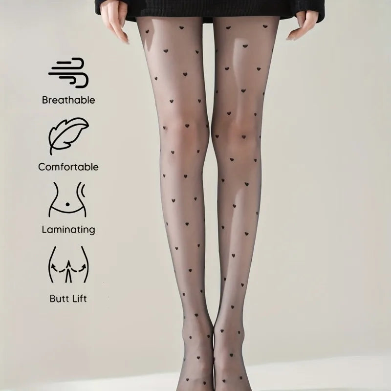 Sheer Heart Print Tights Thin Transparent Black Pantyhose Butt Lifting Breathable Mesh Hosiery Sweet Love Dot Pattern Stockings Qme