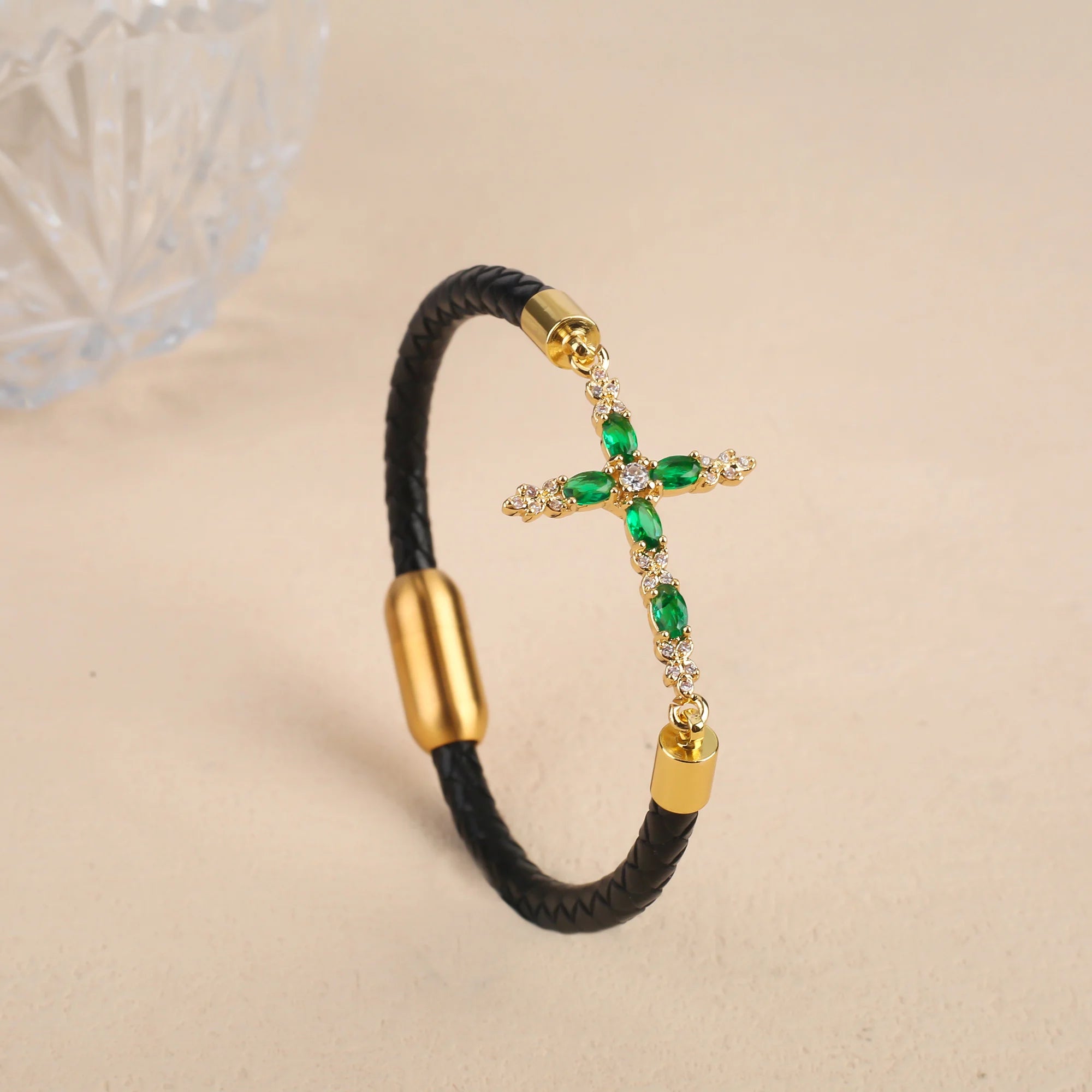 Classic Crystal Cross Leather Bracelet Fashion Religious Jewelry Stainless Steel Wrist Bangle for Couple Friendship Jewelry Gift Qme Green 17cm Coffee Leather