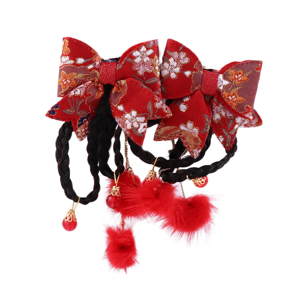 Elegant Sweet Cloth Hanfu Headdress Tang Suit Tassel Chinese Style Wig Braid Hairpin Side Clip Bow Hairpin Hair Accessories Qme F