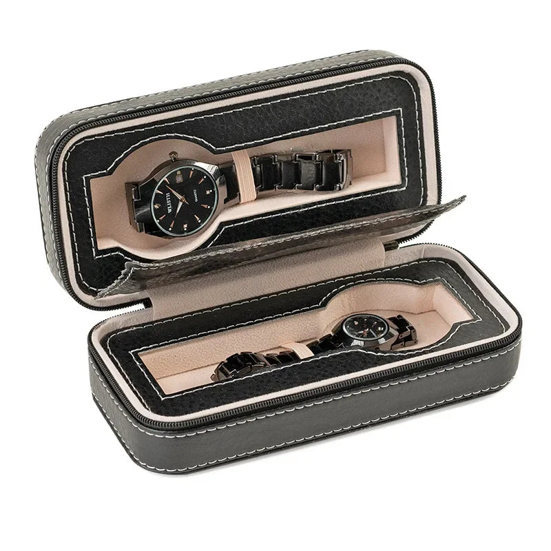 New Travel Dustproof Embedded Watch Box Zipper Portable PU Leather Storage Case Watch Display Box For Trips And Gifts Qme 2 Grids Black