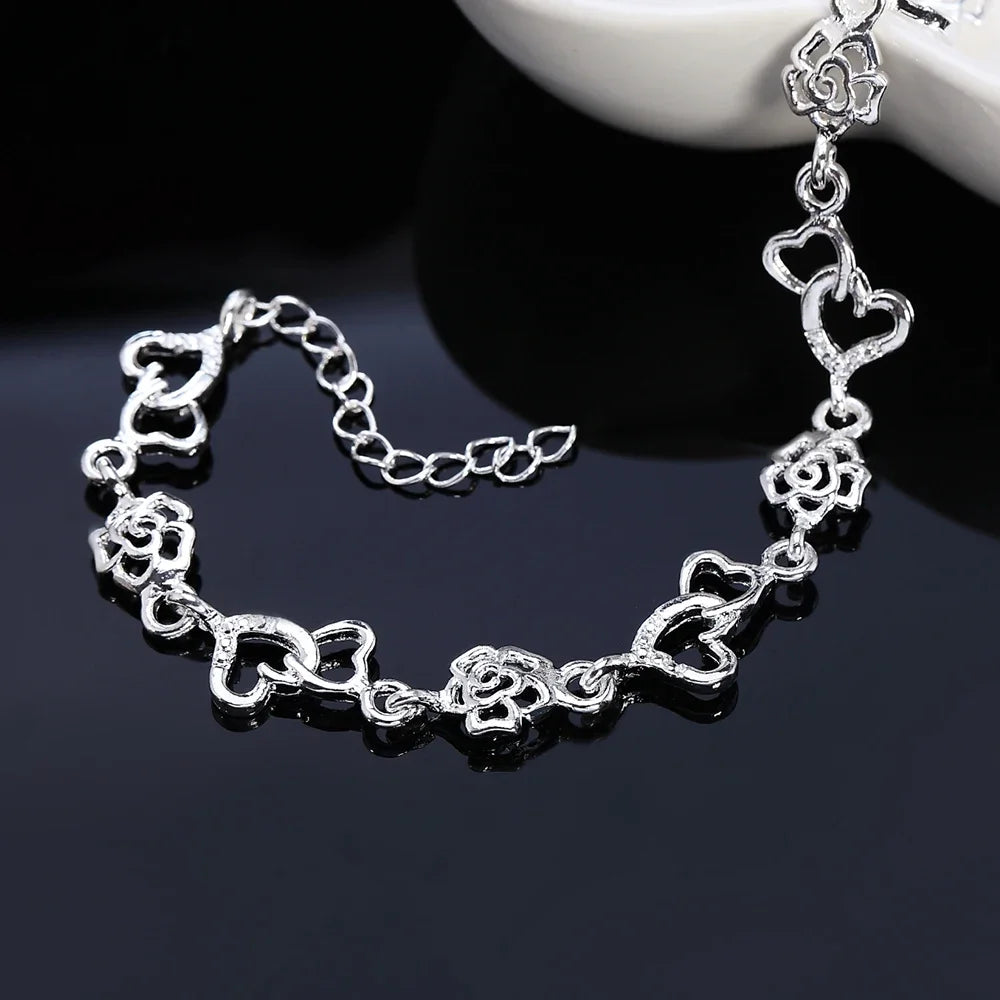 Charm 925 Sterling Silver Bracelets for Women Flowers heart Chain Fashion Wedding Party Christmas Gifts fine Jewelry Qme