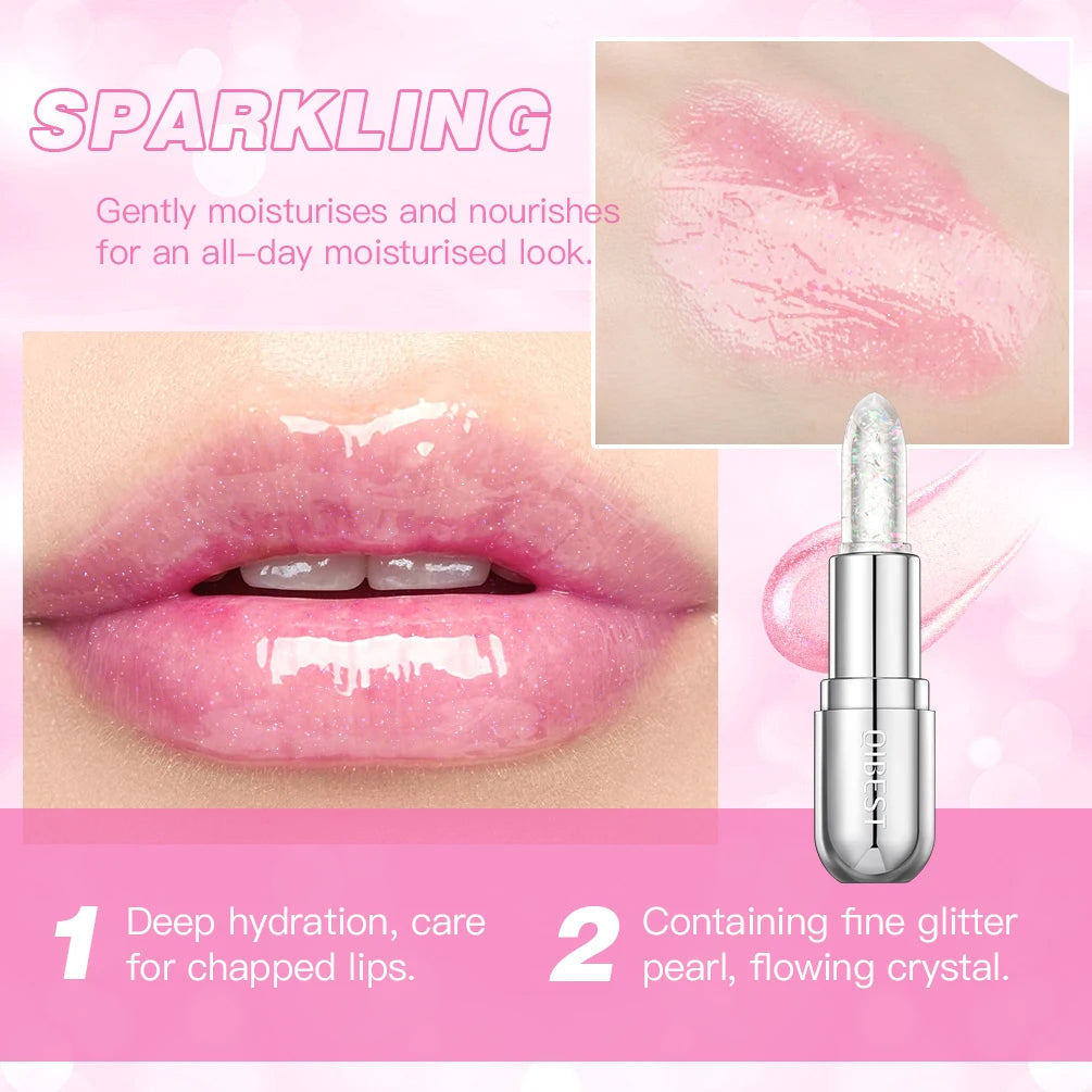 QIBEST Glitter Lipstick Lip Balm Color Change Transparent Moisturizing Crystal Jelly Pearlescent Lip Plumper Gloss Tint Cosmetic Qme
