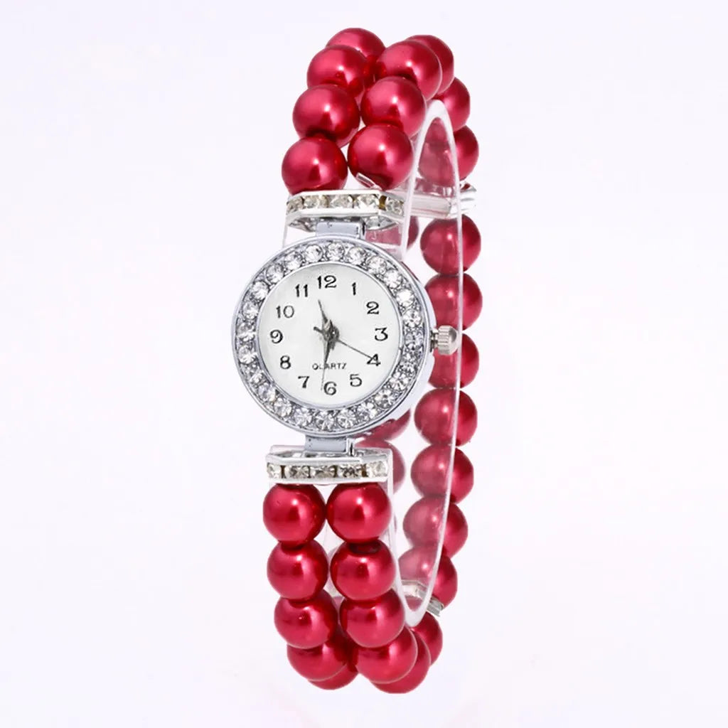 Fashionable And Versatile Exquisite Luxury Ladies’ Pearl Chain Round Dial Diamond Edge Embroider Quartz Watch Suitable For Party Qme