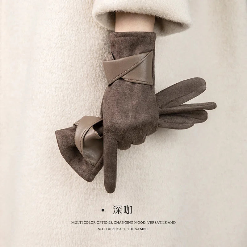 Women's Suede Cold-proof Warm Gloves Velvet Thickened Windproof Bow Qme Brown