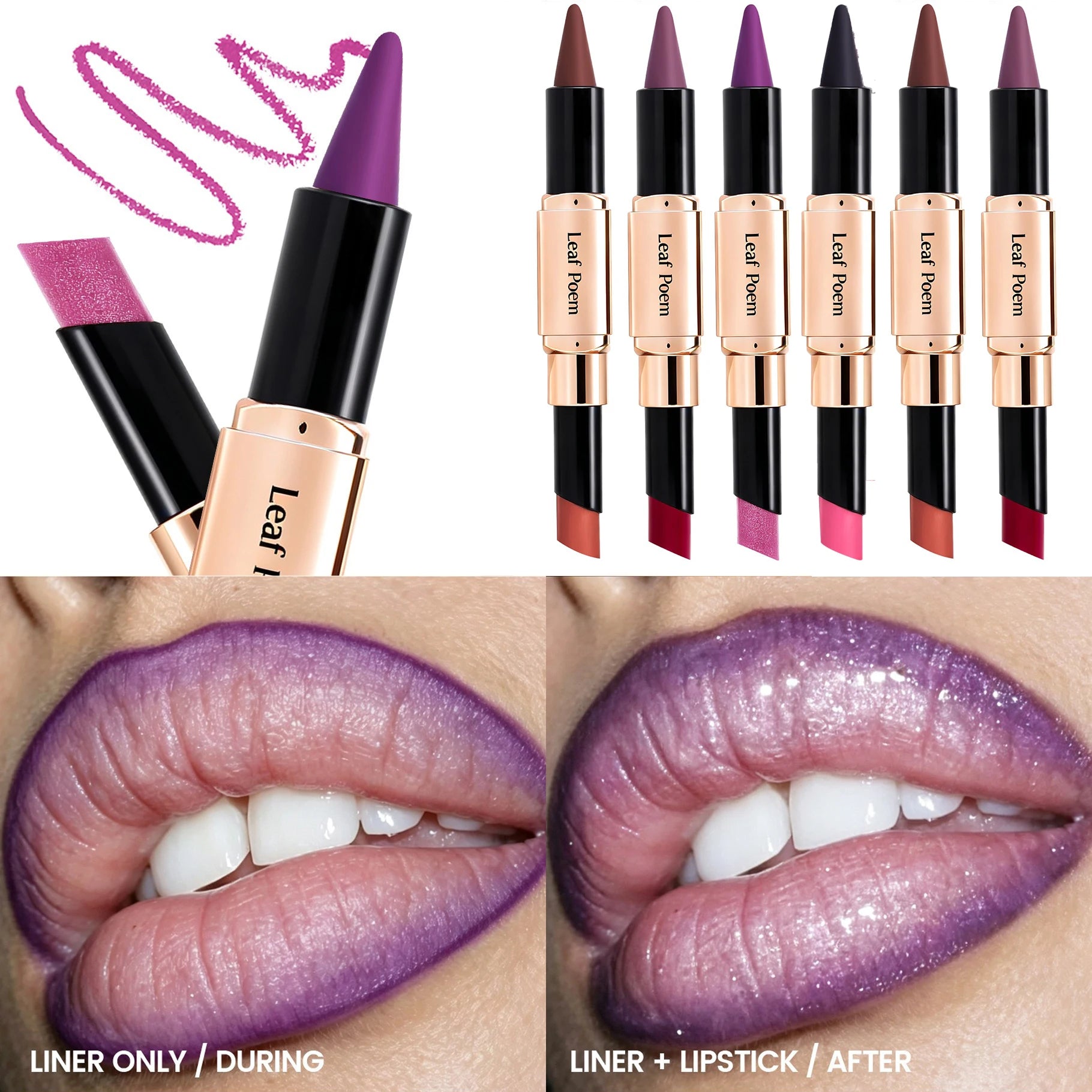 2-in-1 Ultra Fine Lip Liner Velvet Matte Dark Purple Mirror Lipstick Waterproof Non Sticky Contouring Tint Outline Lip Makeup Qme