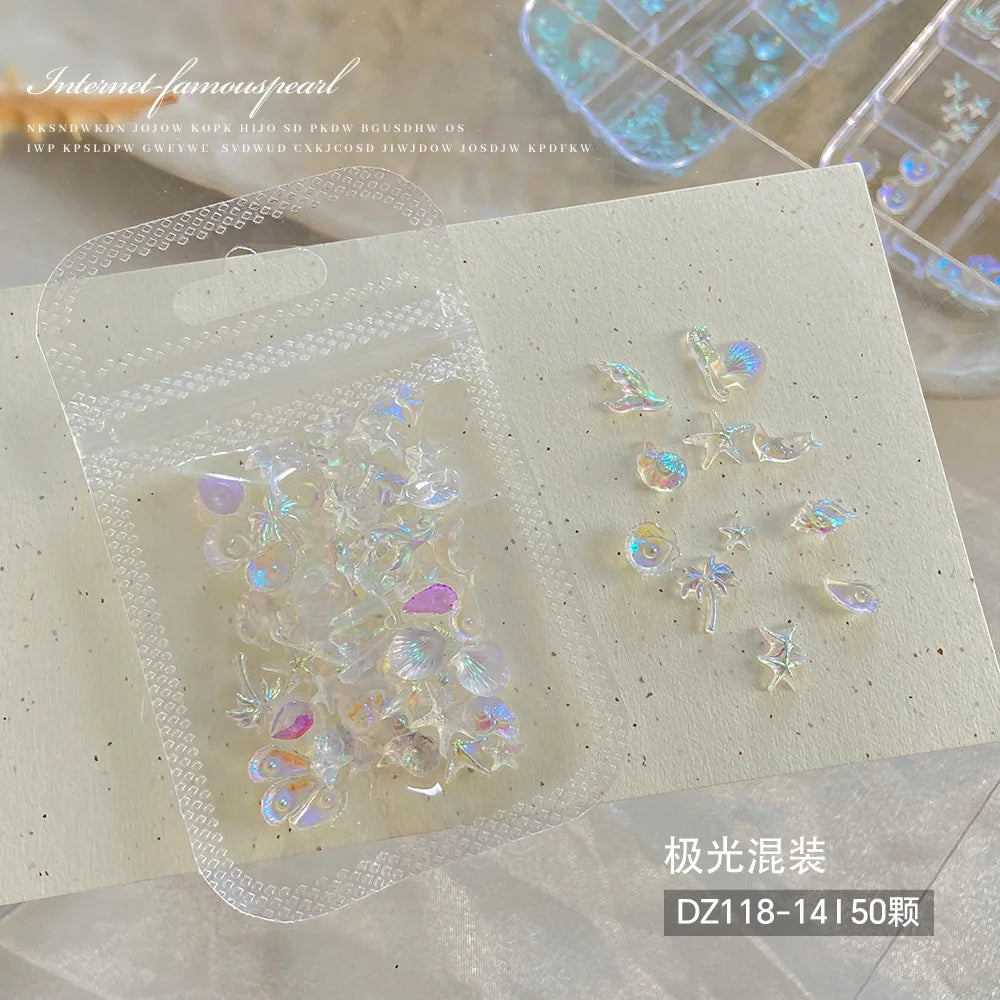 Mixed Aurora Shell Nail Charms Ocean Series Starfish Conch Coconut Tree Resin Nail Art Decorations DIY Manicure Accessories Qme E 50pcs mix per pack