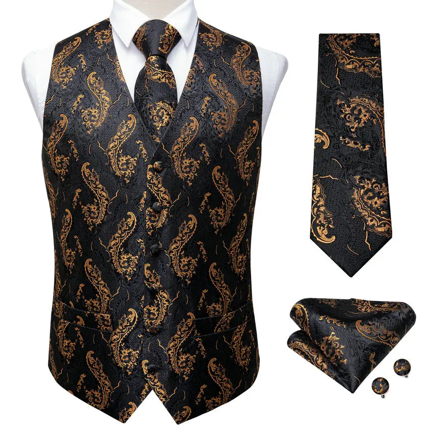 Men's Luxury Paisley Suit Vest & Tie Set – Formal Waistcoat with Necktie Pocket Square, Perfect for Weddings and Business Events Qme