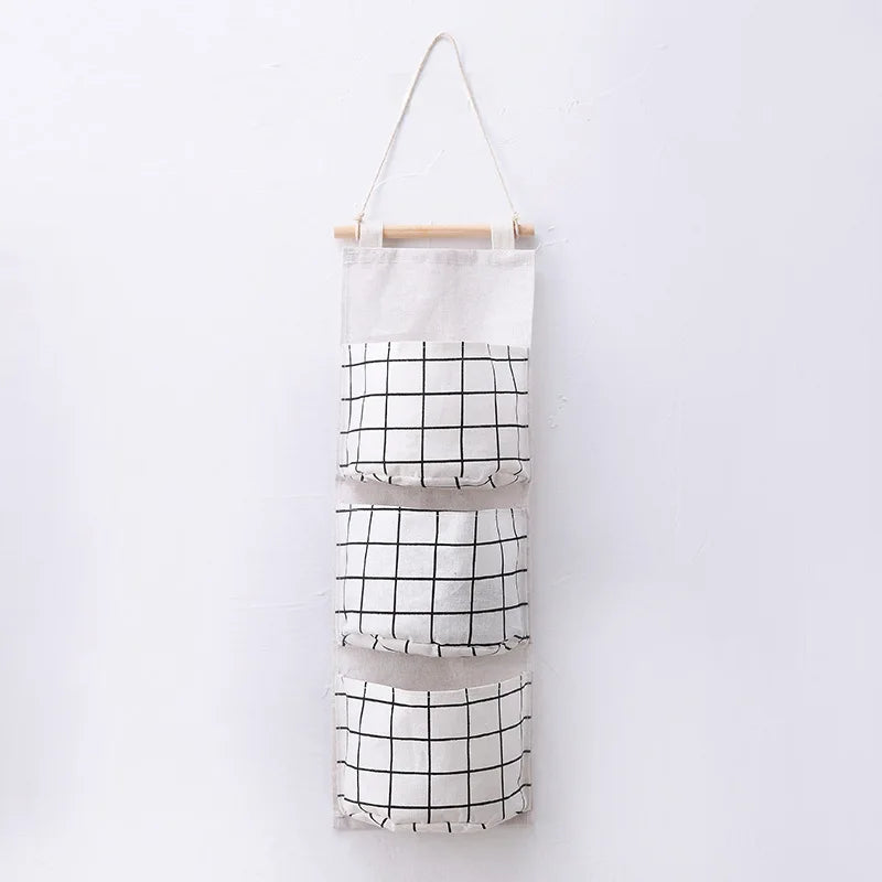 1PC Three Pockets Hanging Wall Storage Bag Household Bedroom Living Room Kitchen Cotton Linen Storage Bag Qme WHITE
