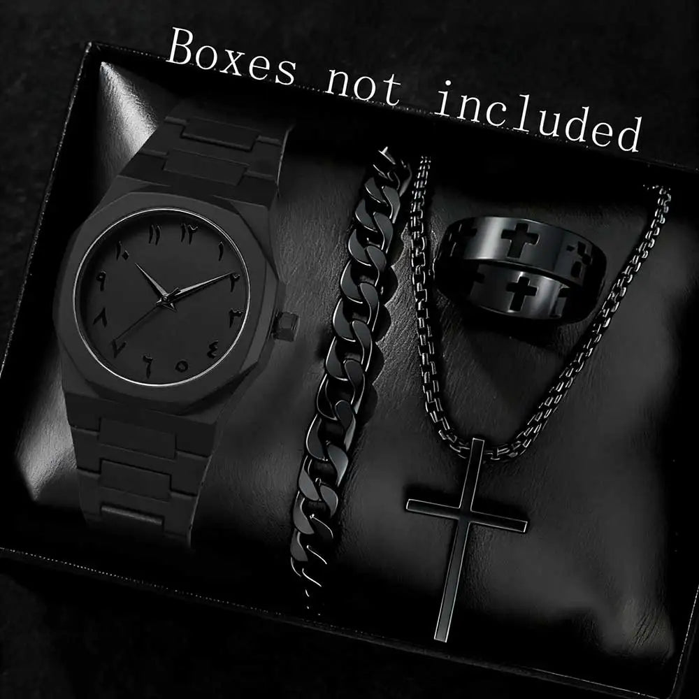 Men's all black octagonal Arabic numeral watch Cuban bracelet cross necklace ring four piece set, not including gift box Qme Black B