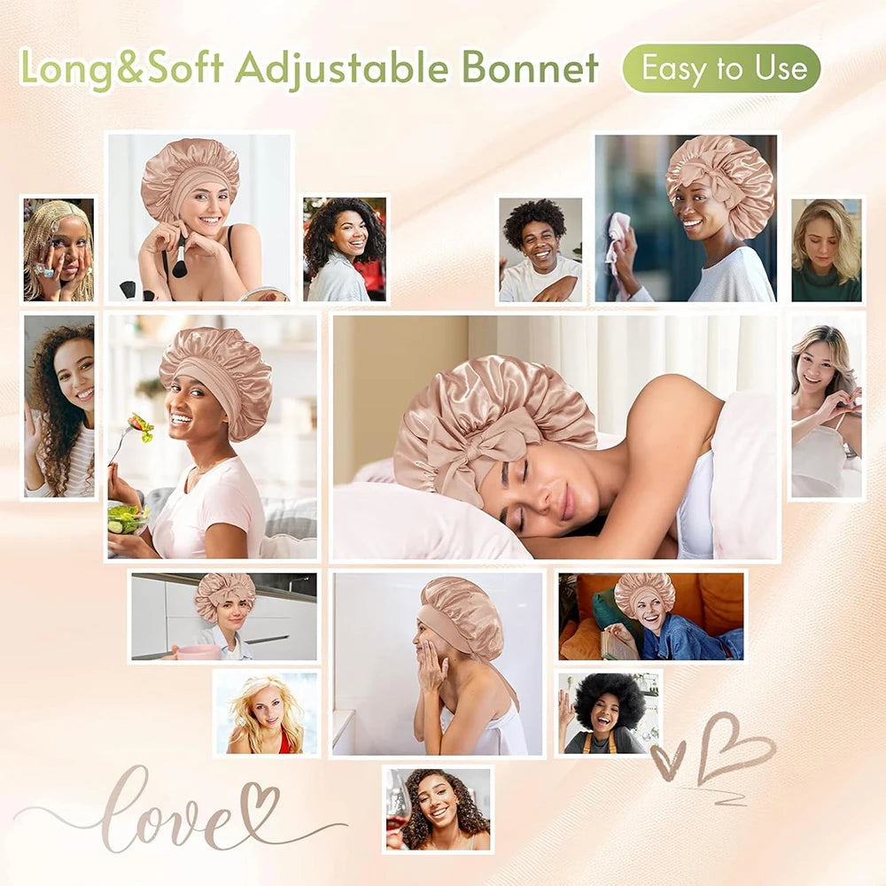 Satin Solid Hair Dye Cap With Stretchy Tie Band Elastic Night Shower Cap Adjustable Hair Head Cover Bonnet Turban For Women Men Qme