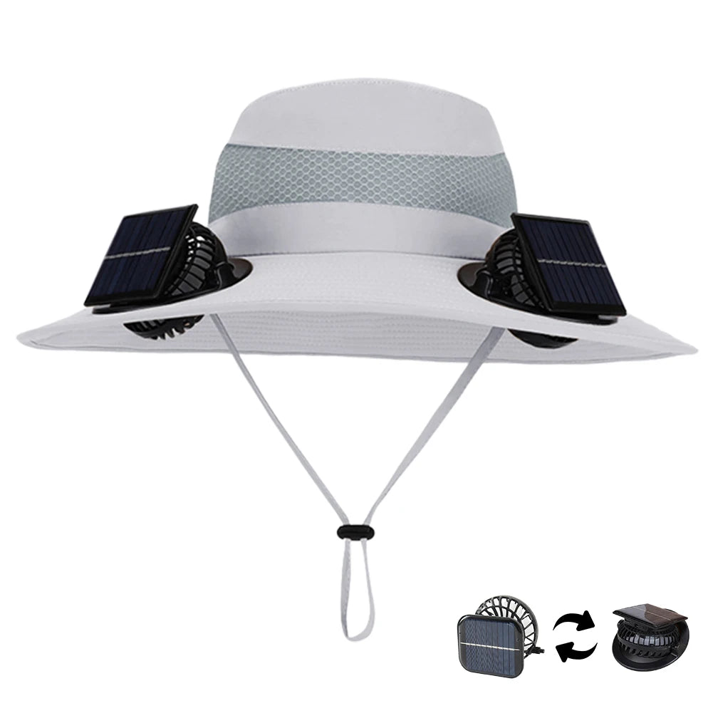 For Outdoor Camping Fishing Hiking Sunscreen Fisherman Hat Solar Fan Cap Portable Solar Charging Cap with Fan Suitable Qme Light Grey pure colo