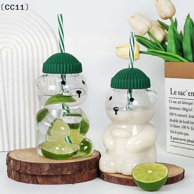 Glass Bear Cup Straw Lid Suitable All Beverages Can Be Used Microwave Qme