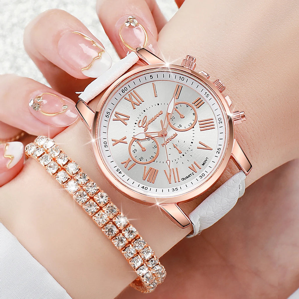 Rose Gold White Leather Ladies Watch Set Chronograph Clock Cubic Zirconia Bracelet Necklace Earrings Ring Jewelry Kit For Women Qme