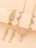 1pcs women's watch, female student fashion, simple square quartz watch+3 pcs oval gemstone flower set Qme Gold Powder Set