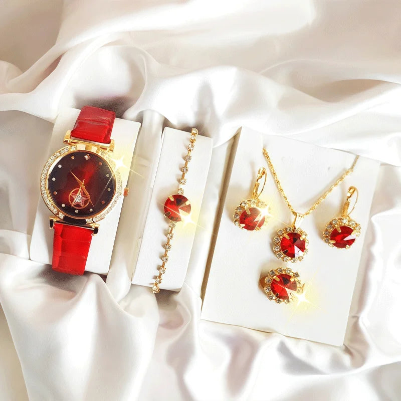 6-piece women's round quartz watch set gift box, large diamond bracelet set, watch set Qme Red