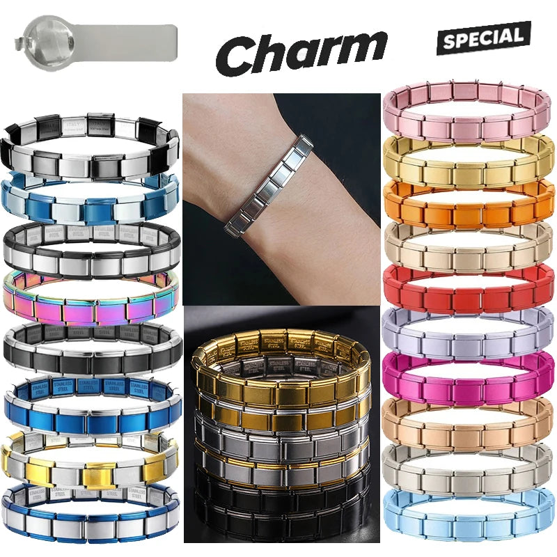 Women Men Italian Charm Link 9mm Width Solid Color High Quality Stainless Steel Bracelet on Hand DIY Making Jewelry Wholesale Qme