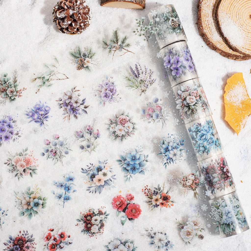 1 Roll Winter Floral Theme PET Material Die-Cut Tape for Journal Diary DIY Scrapbook Collage Decoration Supplies Qme