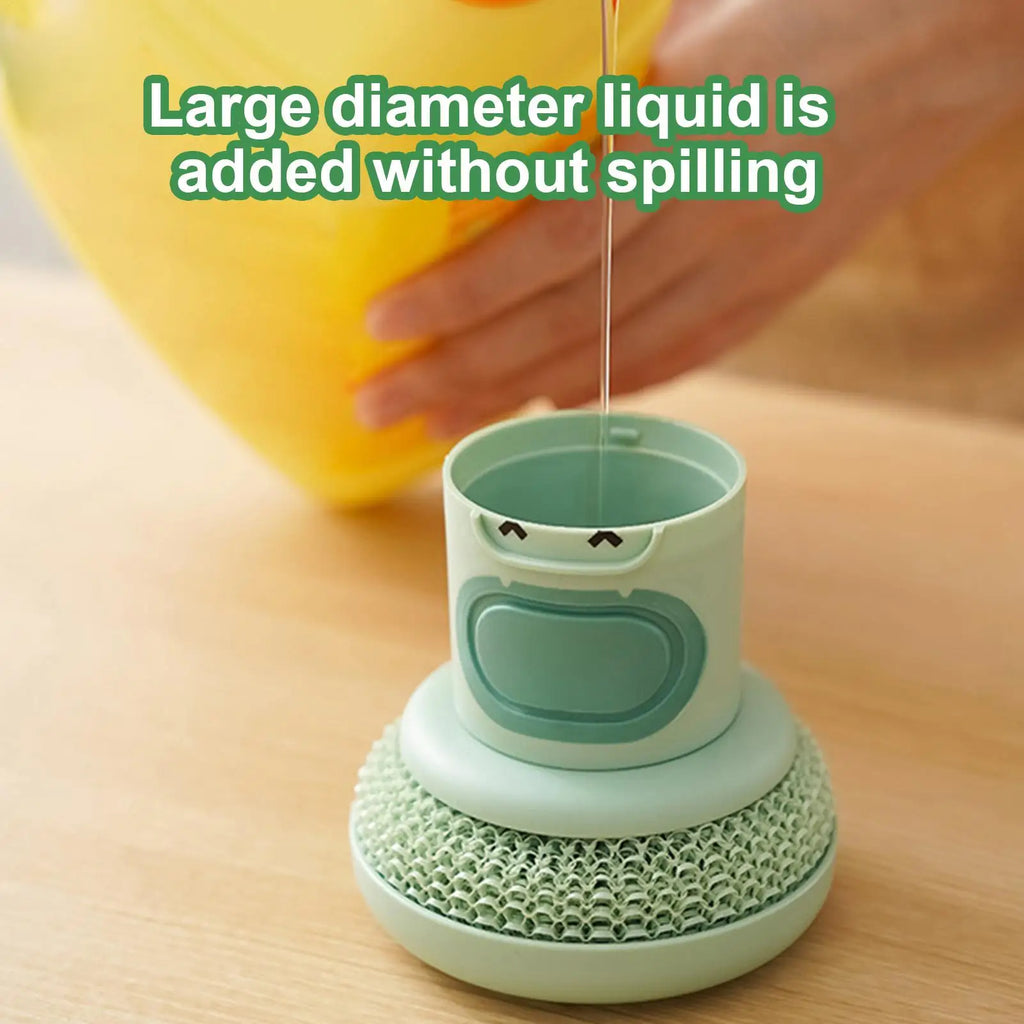 Dish Brush Soap Dispenser Kitchen Press Scrub Sponge Cookware Qme