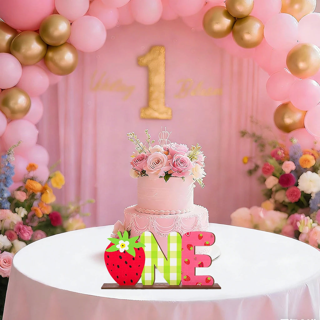 1 set of 2D strawberry "ONE" letter wooden desktop decorations, a warm birthday commemorative desktop gift Qme